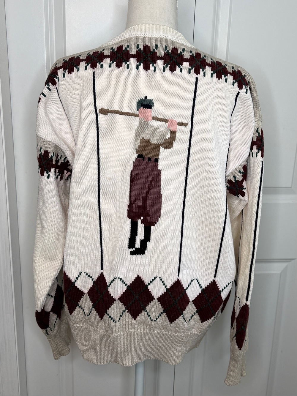 Vitruvian Design VTG 80s Cream Burgundy Golfer Argyle Cardigan Sweater FLAWS